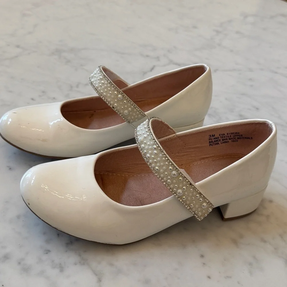 Kelly & Katie Girls Eva Mary Jane Pumps White Patent Rhinestone 3 Dress Shoes